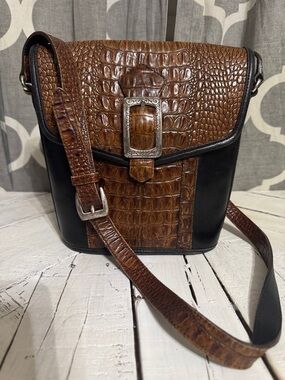 Brighton Brown and Black Croc-Accent Leather Messenger Bag with Silver Buckle